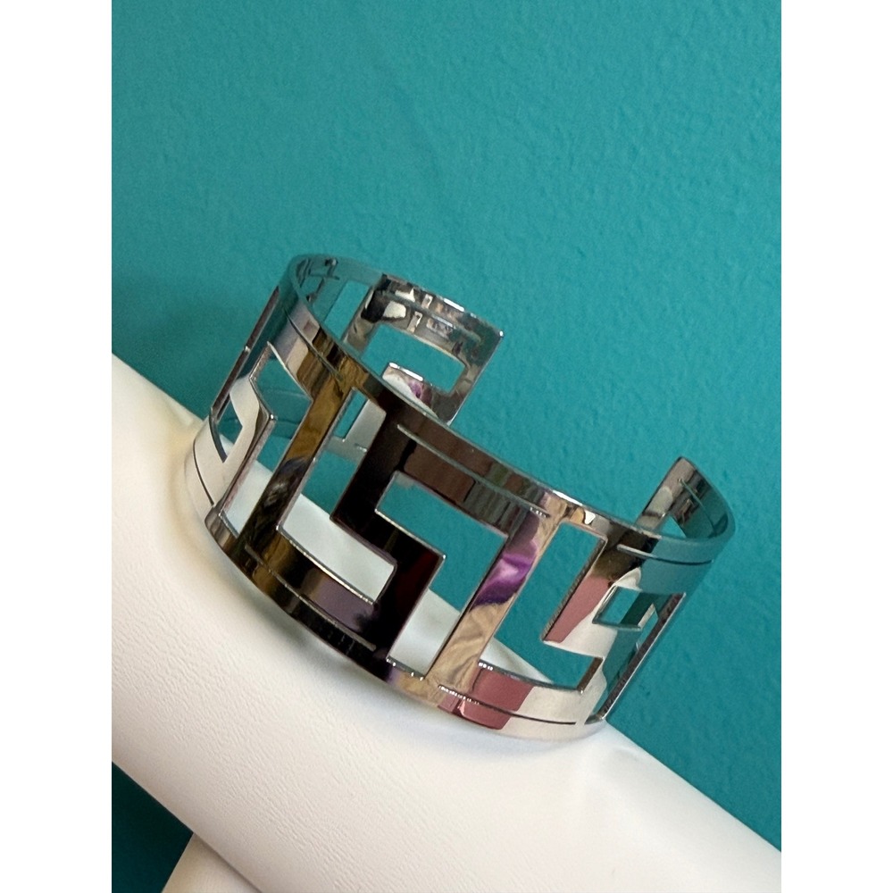 Milor Italy Cuff Bracelet Silver Stainless Steel Modernist Greek Key Minimal